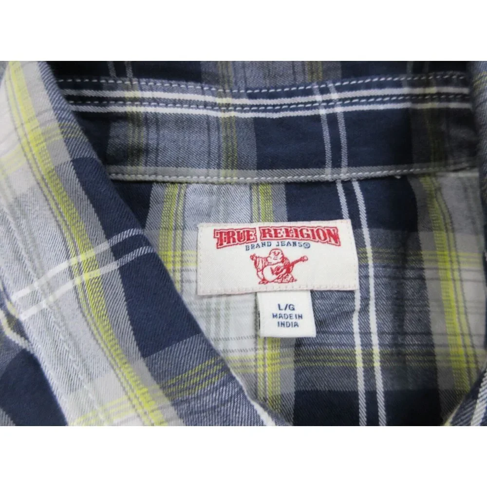 True Religion Shirt Mens Large‎ Blue Plaid Button Up Pearl Snap Western Cowboy